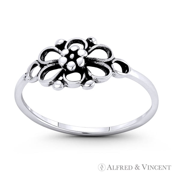 6-Petal Daisy Flower Charm Right-Hand Stackable Boho Ring in Oxidized .925 Sterling Silver