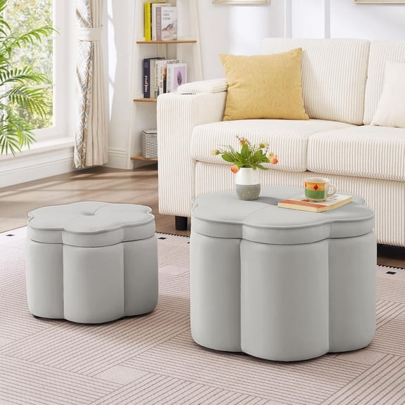 6-Petal Flower Shaped Velvet Storage Ottoman Set with Nesting Design, No Assembly Required, 5-in-1 Versatile Footrest, Seat, Side Table for Living Room, Entryway, Bedroom, Gray