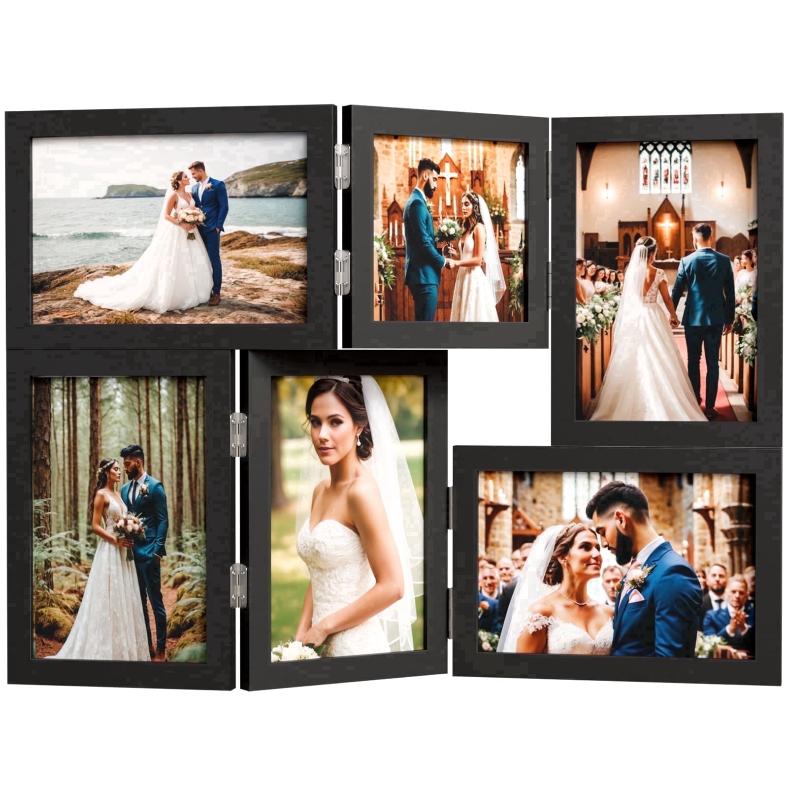 6 Picture Frame, 4x6 & 4x4 Six Folding Hinged Photo Frames, Rustic Wood Desk Family Photo Collage Stand Vertical on Tabletop for Birthday Family Lover Gift (Black)