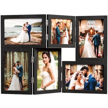WARM&LOVE Black 6 Picture Folding Photo Frame, 4x6 & 4x4 Collage Rustic Wood Family Photo Frame, Tabletop & Wall Mount Display Decor