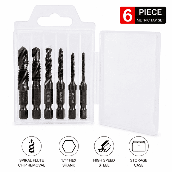 6-Piece 1/4-Inch Hex Shank Spiral Flute Tap Set (M3-M10) with Storage Case, High Speed Steel Machine Threading Taps for Metal & Wood