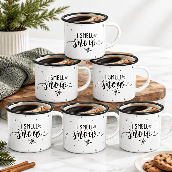 6-Piece 12 oz Enamel Steel Winter Coffee Mugs, I Smell Snow Holiday Design