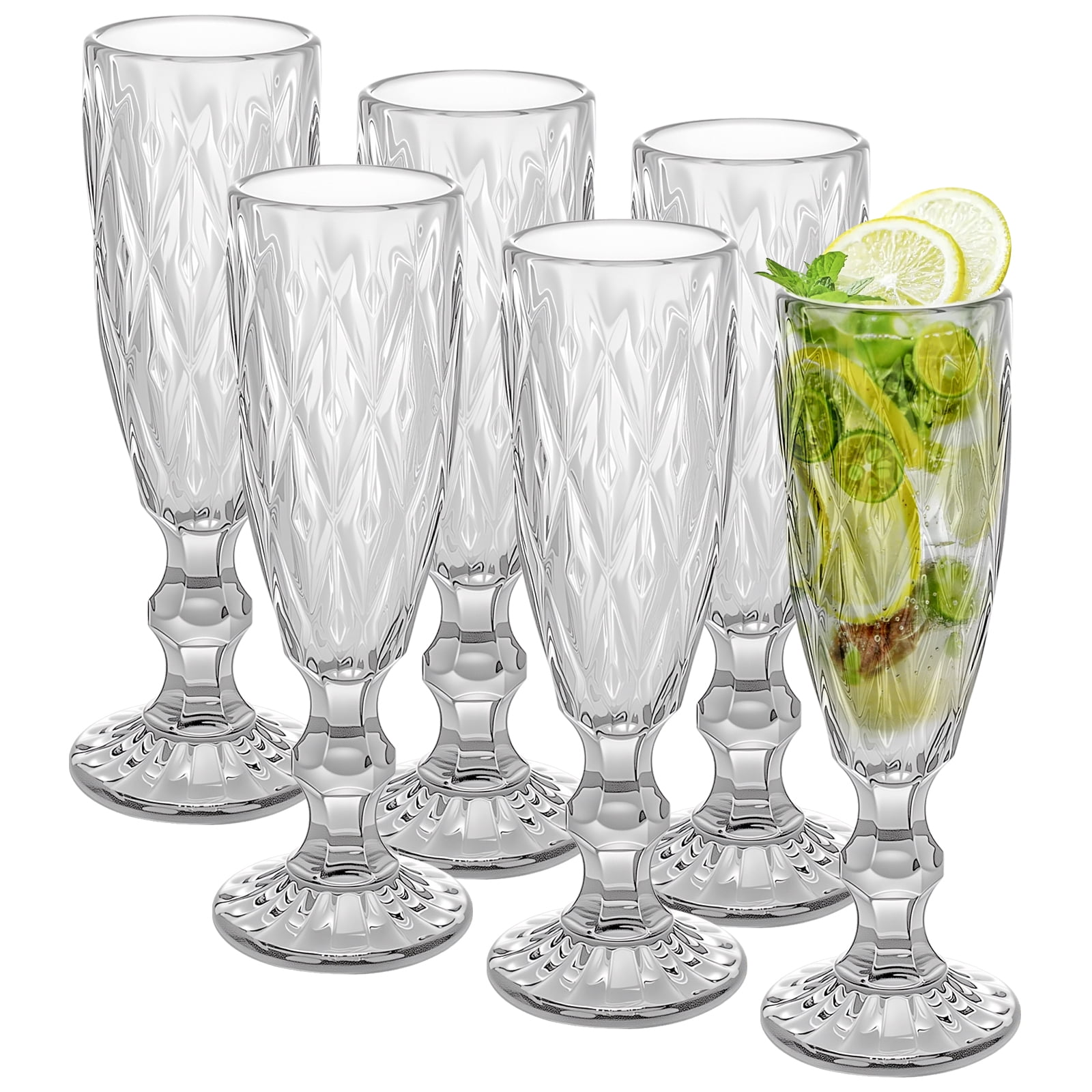 6-Piece 150ml Glass Stemmed Wine Glasses Set, Diamond Pattern Vintage Dessert Cups, 5oz European Style Cocktail Glasses, Dishwasher Safe Drinkware for Home Bar & Party