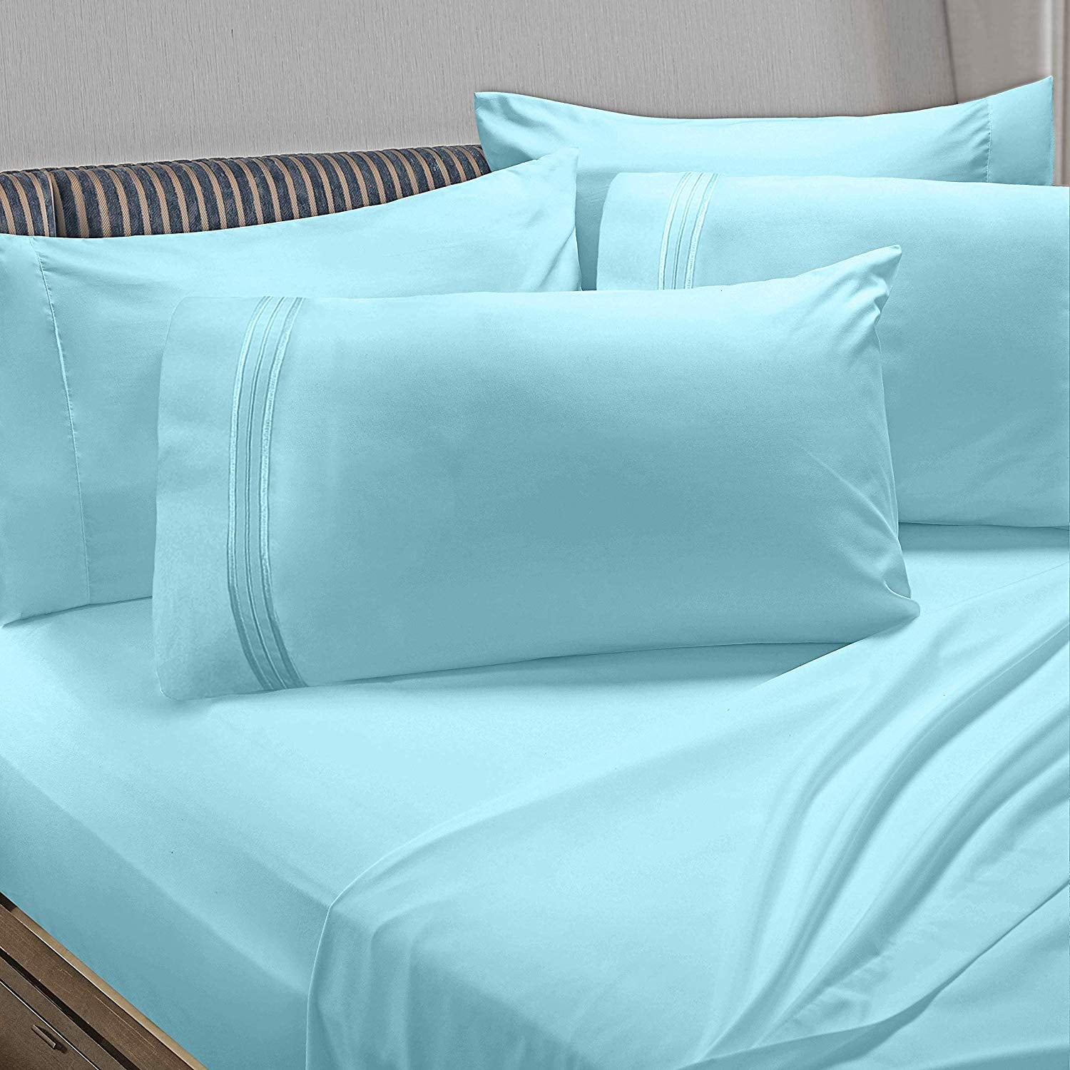 6 Piece 1800 Collection Bed Sheet Set with Extra Pillowcases, Deep Pockets Fitted Sheet, 100% Soft Microfiber, Hypoallergenic, Cool & Breathable, Full, Aqua Light Blue