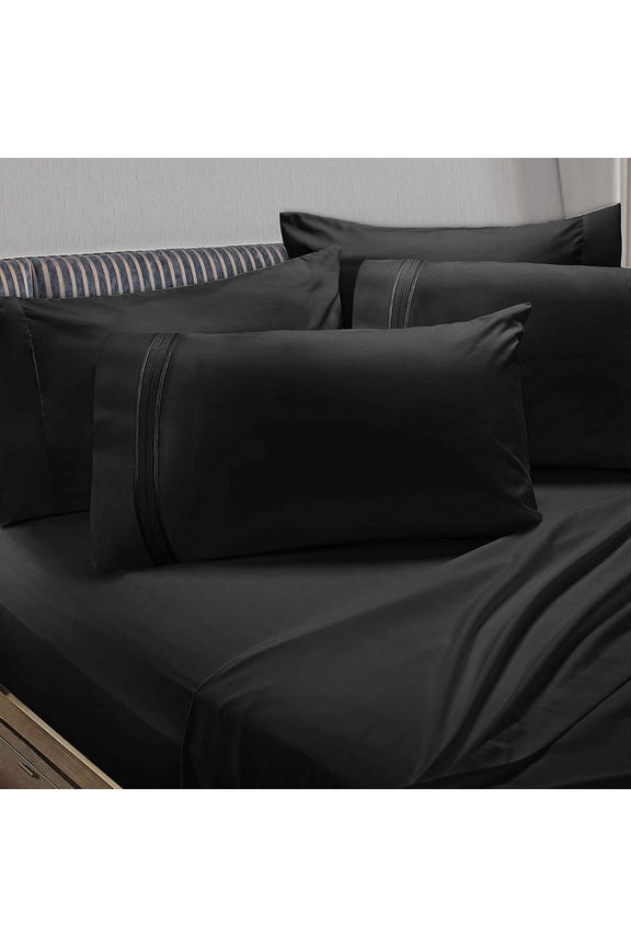 Premier 1800 Collection Bed Sheet Set with Extra Pillowcases Wrinkle, Fade & Stain Resistant, Full, Black