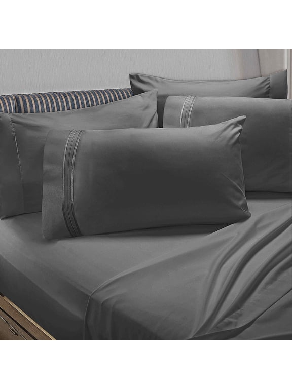 6 Piece 1800 Collection Bed Sheet Set with Extra Pillowcases, Deep Pockets Fitted Sheet, 100% Soft Microfiber, Hypoallergenic, Cool & Breathable, Queen, Charcoal Stone Gray