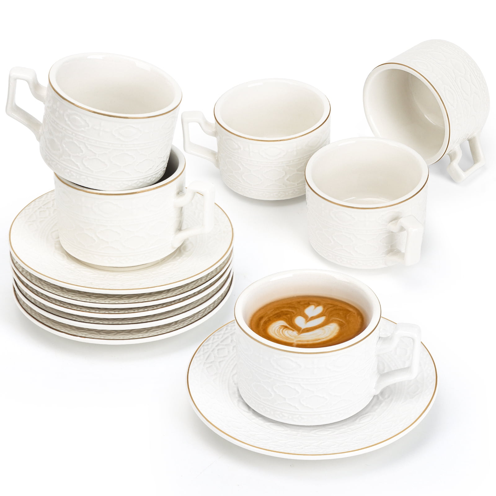 6-Piece 3.2oz Ceramic Cappuccino Cup and Saucer Set – Space-Saving ...