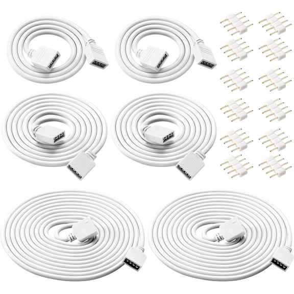 6-Piece 4-Pin RGB Extension Cable Kit with 12 Pin Connectors 1.6FT 3.3FT 6.6FT White Wires for 5050 3528 RGB LED Strip Lights