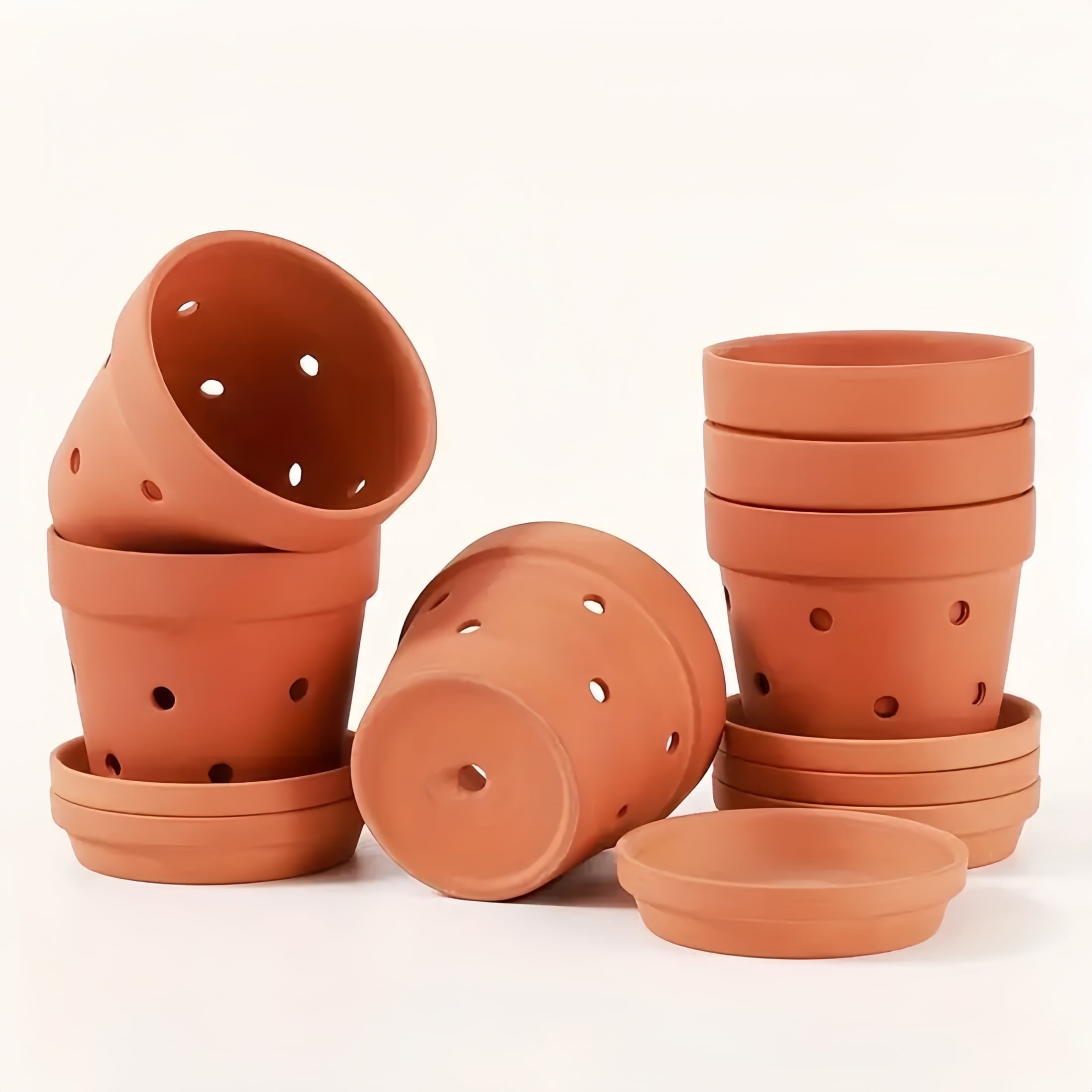 6-Piece 4" Terracotta Orchid Pots With Drainage Holes & Saucers - Classic Clay Planters For Enhanced Air Flow, Perfect For Indoor & Outdoor Orchids