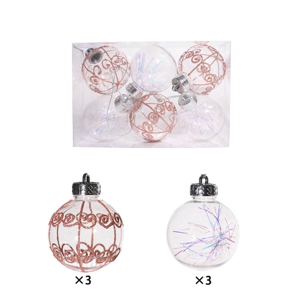 6-Piece 6cm Transparent Painted Gold Glitter Ribbon Christmas Ornaments Set (Rose Gold)