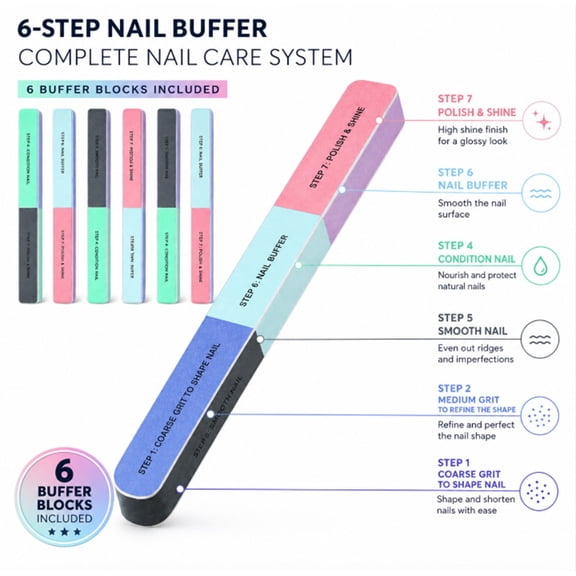 6 Piece Nail File Buffer Set, 7 in 1 Manicure and Pedicure Tools, TIKA