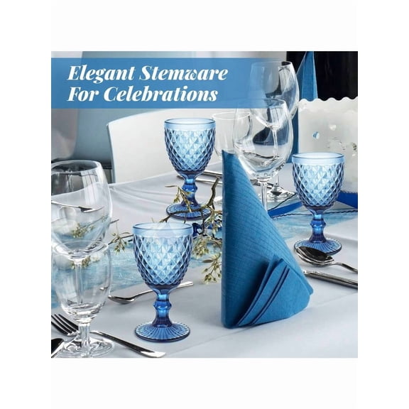 6-Piece 8 Oz Blue Thick-Bottom Wine Glass Set - Vintage Diamond-Patterned Crystal Goblets for Weddings/Parties/Holiday Gifts