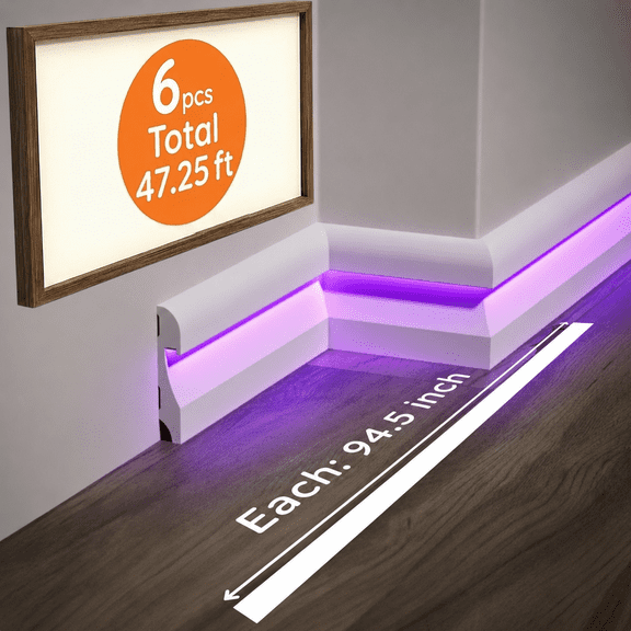 6-Piece 94.5 (47.25 ft) LED Baseboard & Crown Molding with Duct Kit for Seamless Ambient Home Accent Lighting | Waterproof Channel for Easy LED Strip Installation (Baseboard Molding | ASL-002-A)