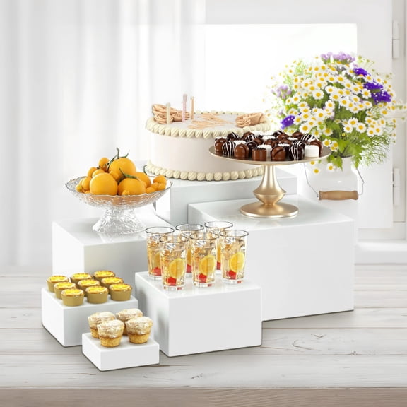 6-Piece Acrylic Dessert Stands Set - White Square Tiered Display Risers for Cakes, Cupcakes, Pastry, Wedding & Party Buffet Decor