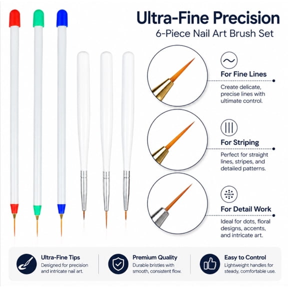 6 Piece French Nail Art Brush Set, Painting and Liner Tools for Manicure Designs, TIKA