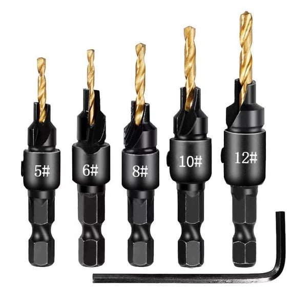 6-Piece Adjustable Countersink Drill Bit Set, High-Speed Steel Wood Drill Bits with Depth Stop, Easy to Clean, for Woodworking, Cabinet Assembly & DIY Projects