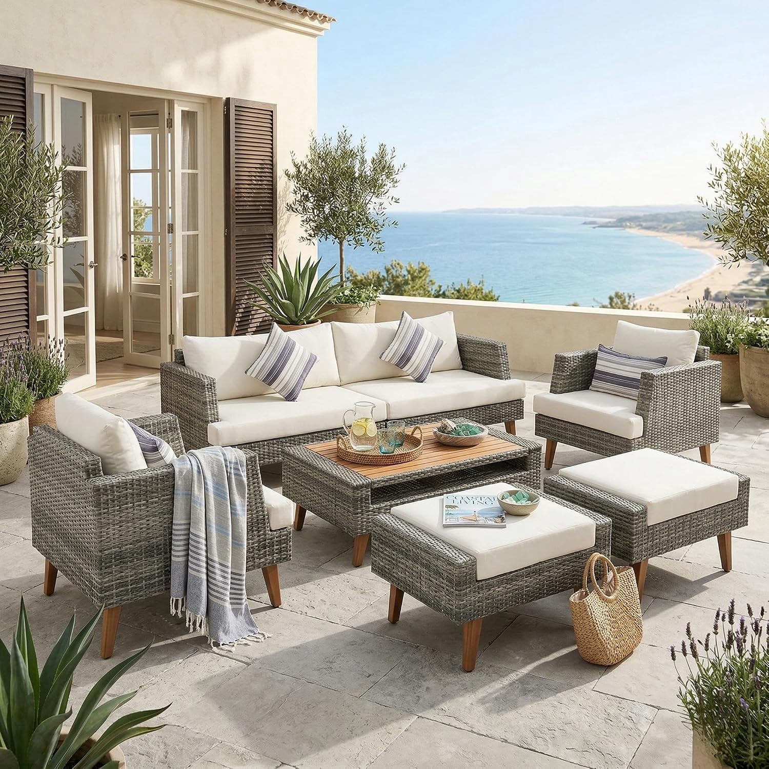 6-Piece All Weather PE Wicker Patio Sofa Set, Outdoor Rattan Seating with Double Cushions, Wood Table Top & Legs, Beige & Gray