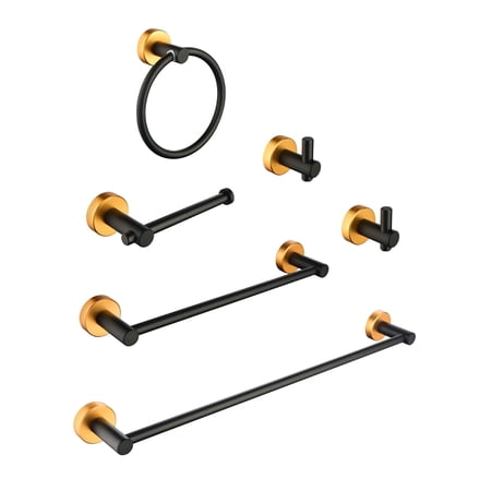 6 Piece Aluminum Bathroom Towel Rack Set Wall Mount Black and Gold N/A