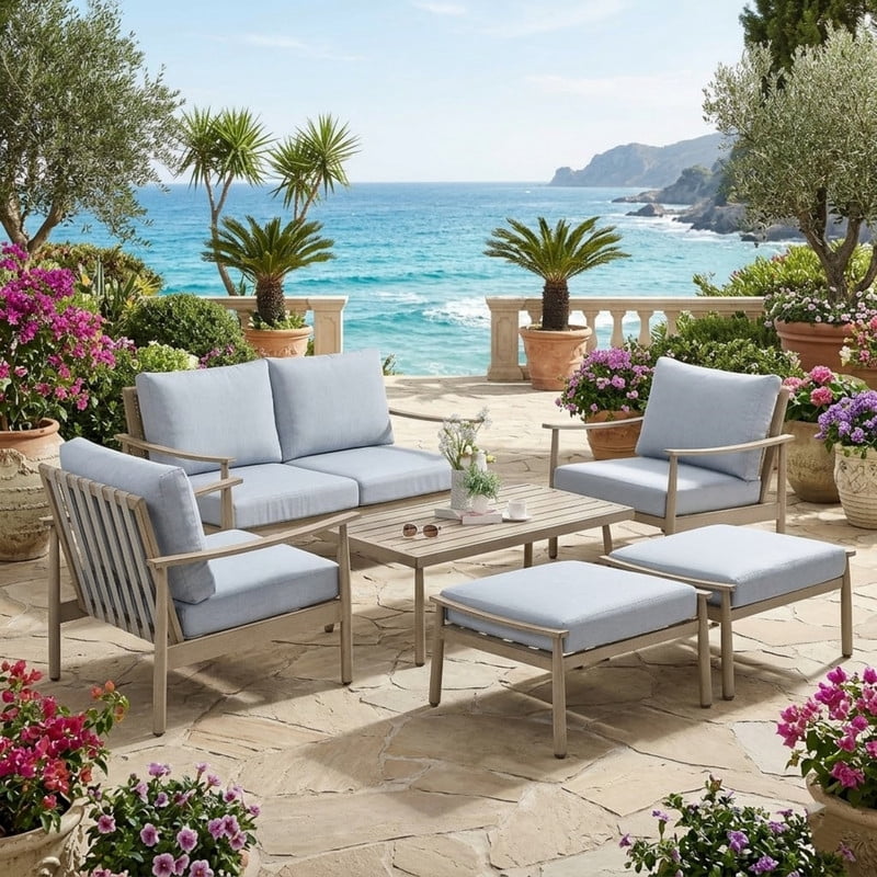 6 Piece Aluminum Patio Furniture Set, Outdoor Armchair with Loveseat, All-Weather Outdoor Sectional Sofa with 2 Ottomans and Coffee Table