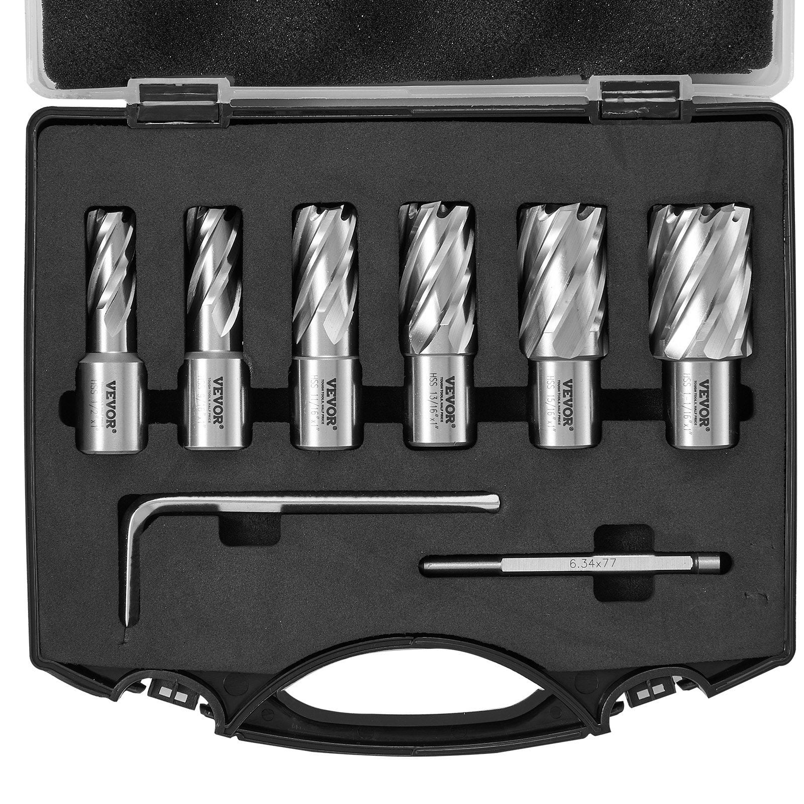 6-Piece Annular Cutter Set, 1/2" to 1-1/16" Weldon Shank Mag Drill Bits, 1" Cut Depth, M2AL HSS, Includes Pilot Pin & Case, for Magnetic Drill Press – Metal Cutting Tools