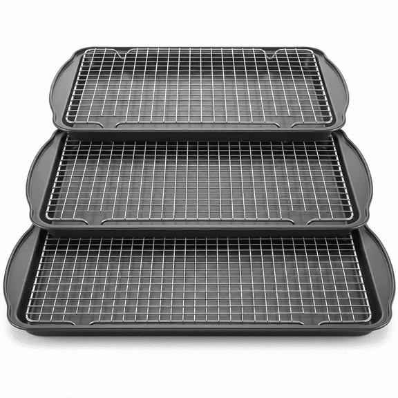 6-Piece Baking Sheet Set with Cooling Racks – 3 Nonstick Carbon Steel Trays (13/15/17 Inch) & 3 Stackable Wire Grids