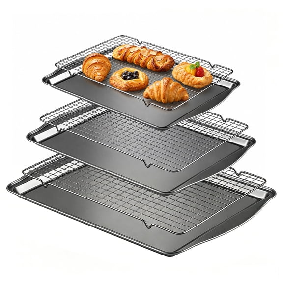 6-Piece Baking Sheet Set with Cooling Racks – 3 Nonstick Carbon Steel Trays (13/15/17 Inch) & 3 Stackable Wire Grids