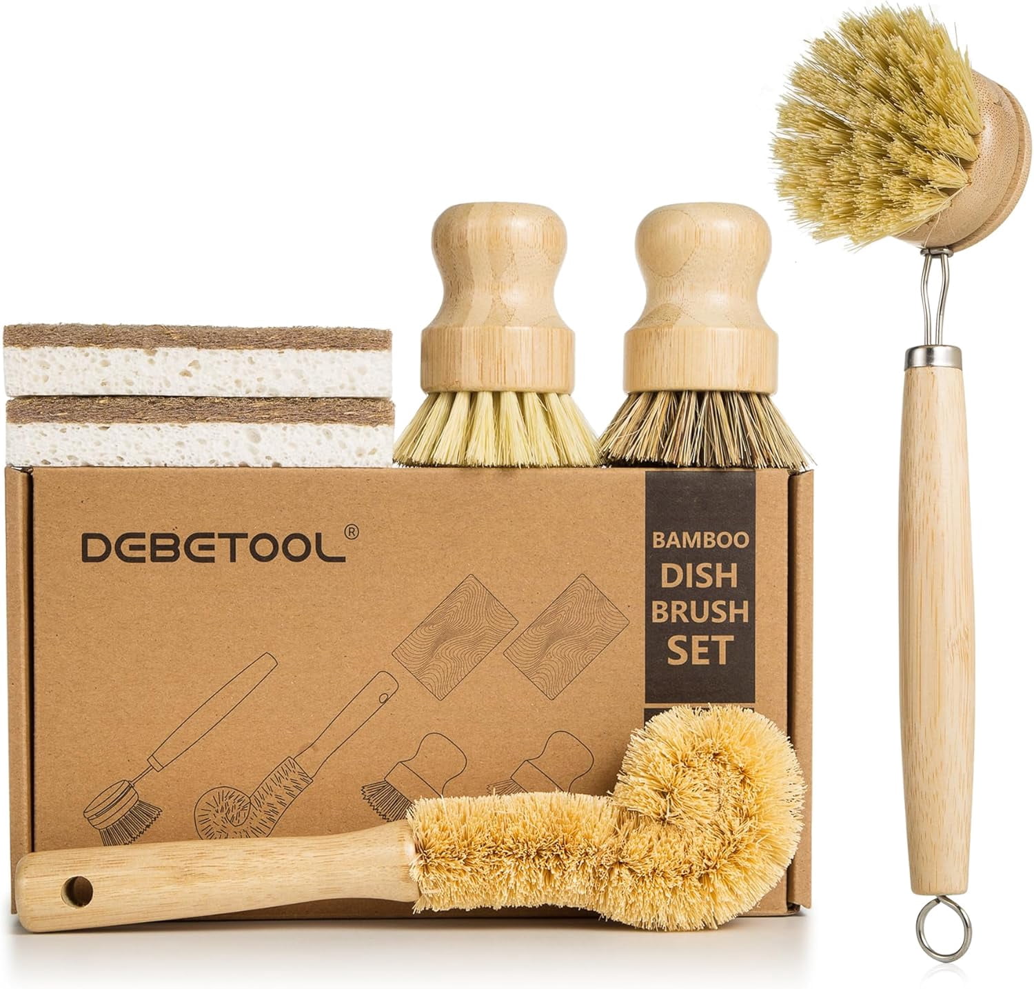 6 Piece Bamboo Dish Brush Set with Coconut Sponge - Wooden Sisal and Palm Fiber, Natural Scrub for Kitchen Cleaning Dishes, Pots, Pans, Bottles, Vegetables