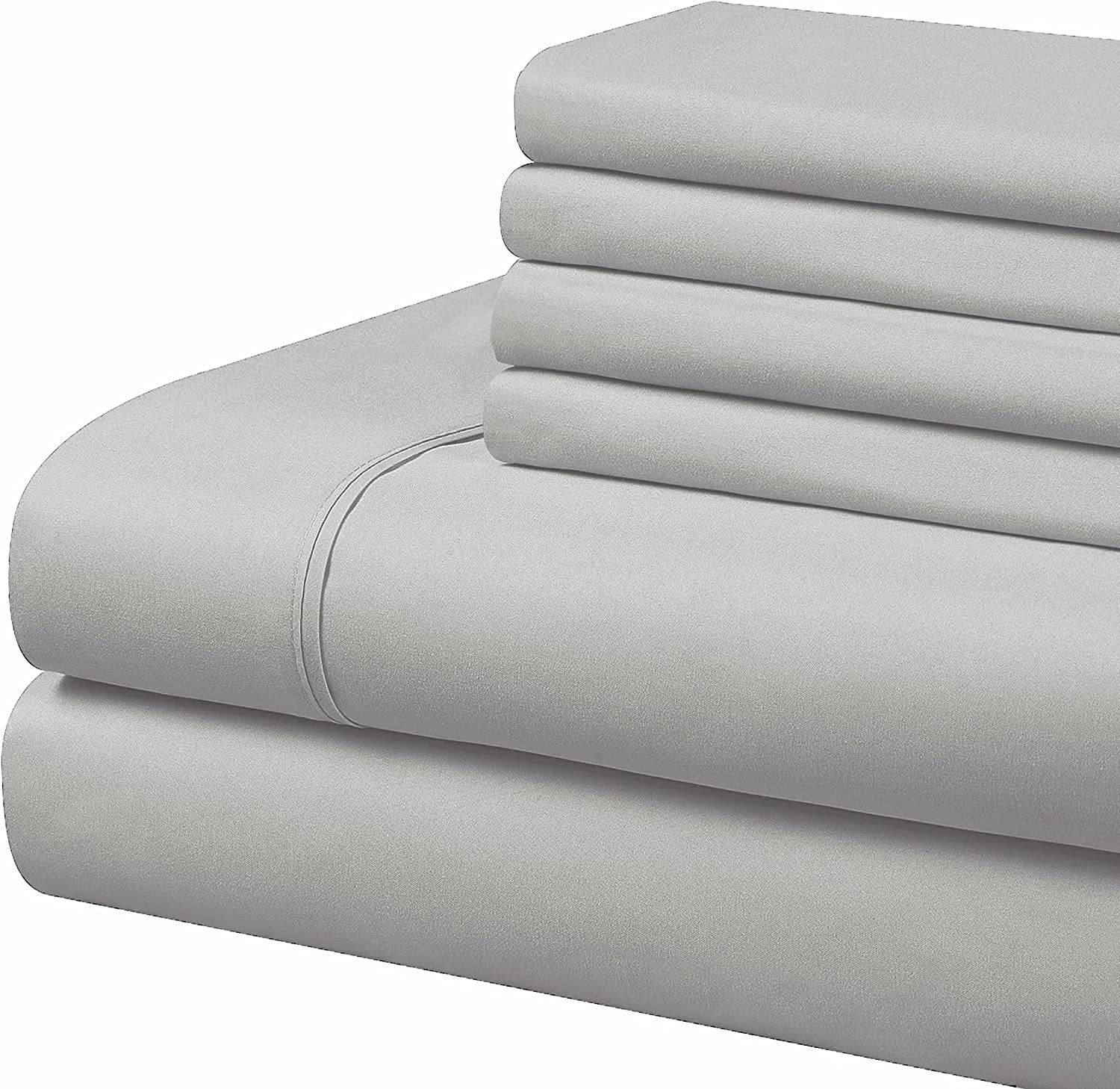 6 Piece Bamboo Sheet Set for Bed - 100% Pure Bamboo - Fit 22" Inch Deep Pocket Silk Feel, Cooling, Anti-Static, Extra Soft and Luxury - Light Grey Solid, Queen Size.