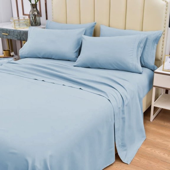 6 Piece Bamboo Sheets Set- Silky- Stronger Than Cotton Cool Sheets- Wrinkle Free- Deep Pockets 16"-Extremely Soft Bamboo Rayon Sheets- Full,Light Blue