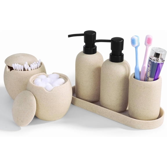 6-Piece Bathroom Accessories Set - Resin Bathroom Set, Lotion Dispenser, Tumbler, Vanity Tray, Cotton Swab Jars with Lids, Bathroom Organizer, Elegant Bath Decor for Home Dorm Hotel Countertop
