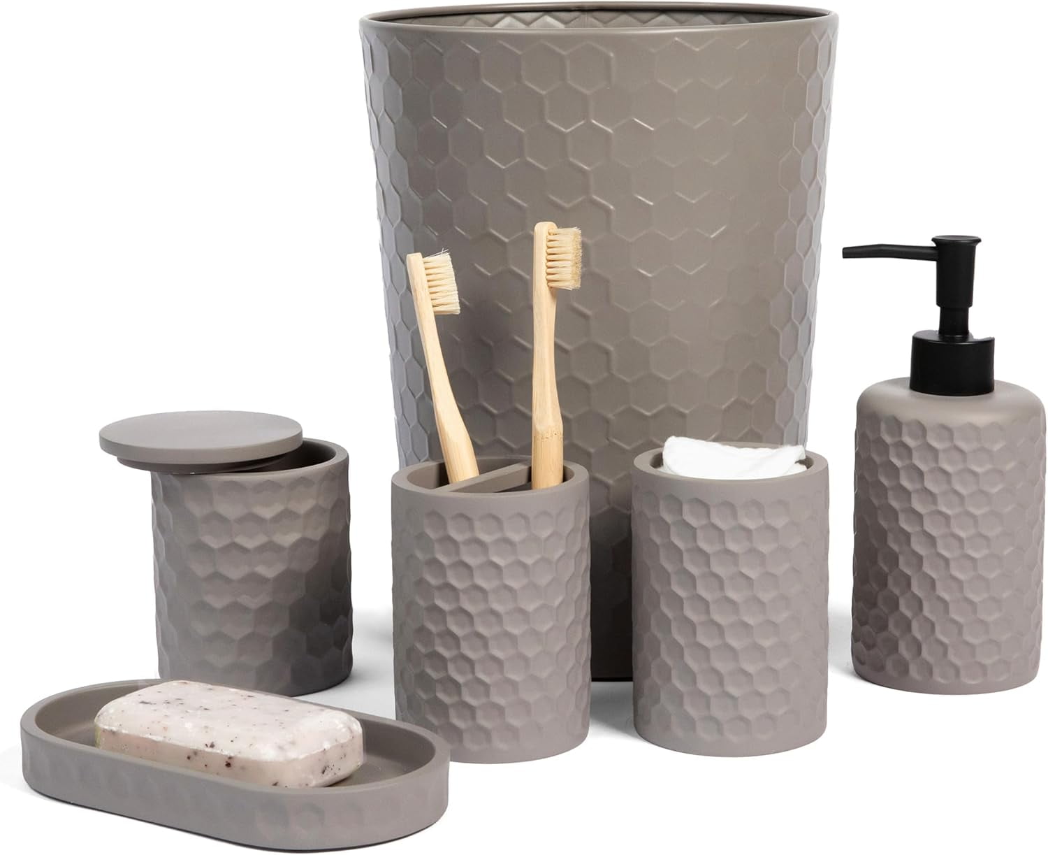 6 Piece Bathroom Accessories Set, Toothbrush Holder, Toothbrush Cup, Soap Dispenser,Bathroom Vanity Tray, Qtip Holder, Trash Can - Cement