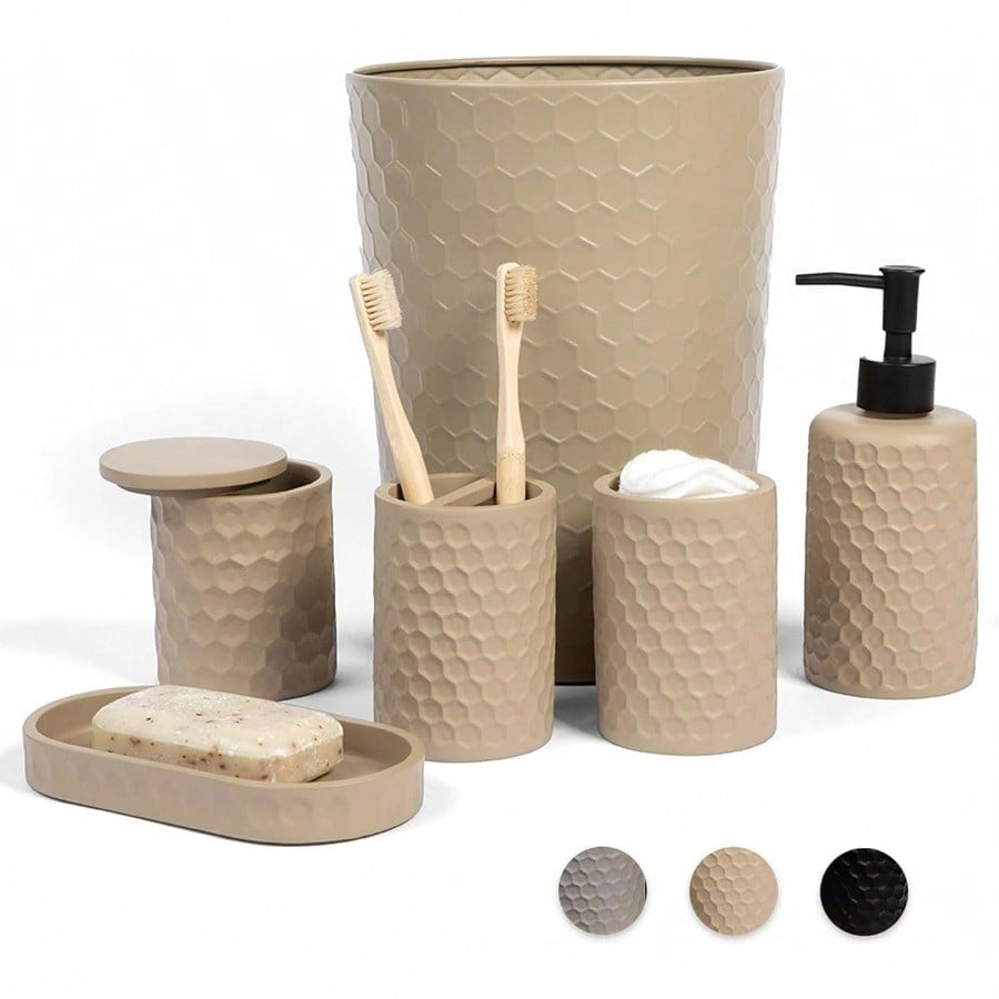 zccz 6 Piece Bathroom Accories Set Toothbrush Holder Toothbrush Cup Soap Dispenser Bathroom Vanity Tray Qtip Holder Trash Can Khaki