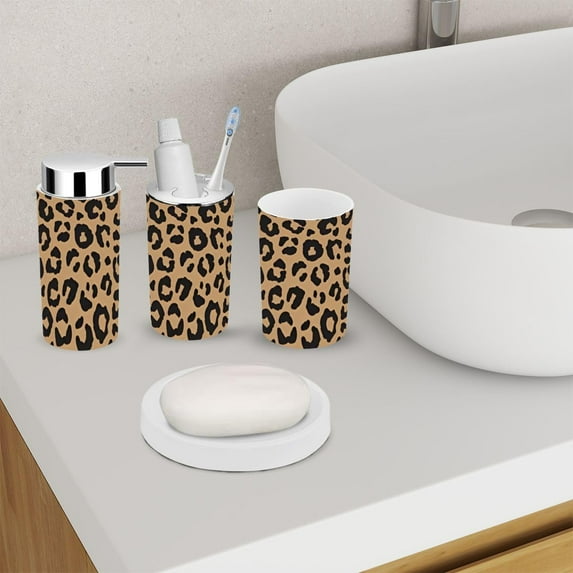 6 Piece Bathroom Accessory Set Leopard Fur Print Modern Panther Toothbrush Holder, Soap Dispenser, Trash Can for Countertop