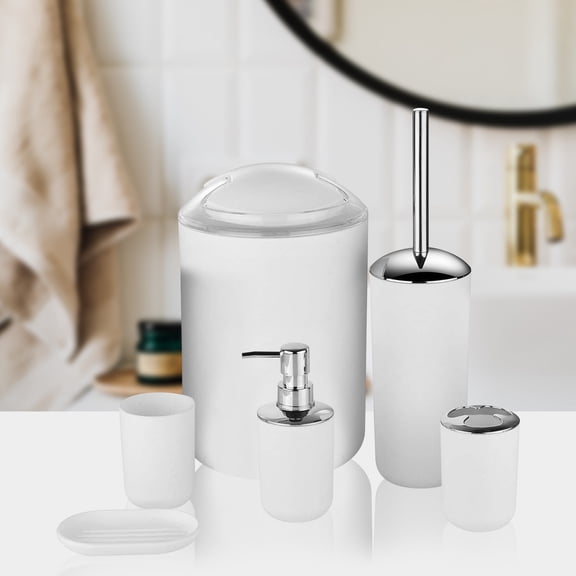 6-Piece Bathroom Accessory Set with Soap Dispenser, ZzCityTK Modern Complete Toiletries Organizer for Countertop, Plastic Bathroom Essentials Kit for Home Hotel Apartment in Multiple Colors, White
