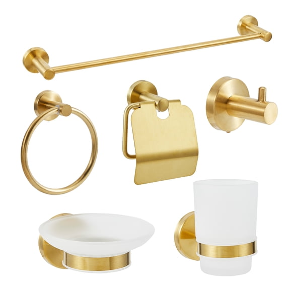 6-Piece Bathroom Hardware Set, Stainless Steel Towel Bar Set with 23.6 inch Towel Rack, Towel Ring, Toilet Paper Holder, Robe Hook, Toothbrush Cup & Soap Dish, Wall Mounted Bath Accessories, Gold