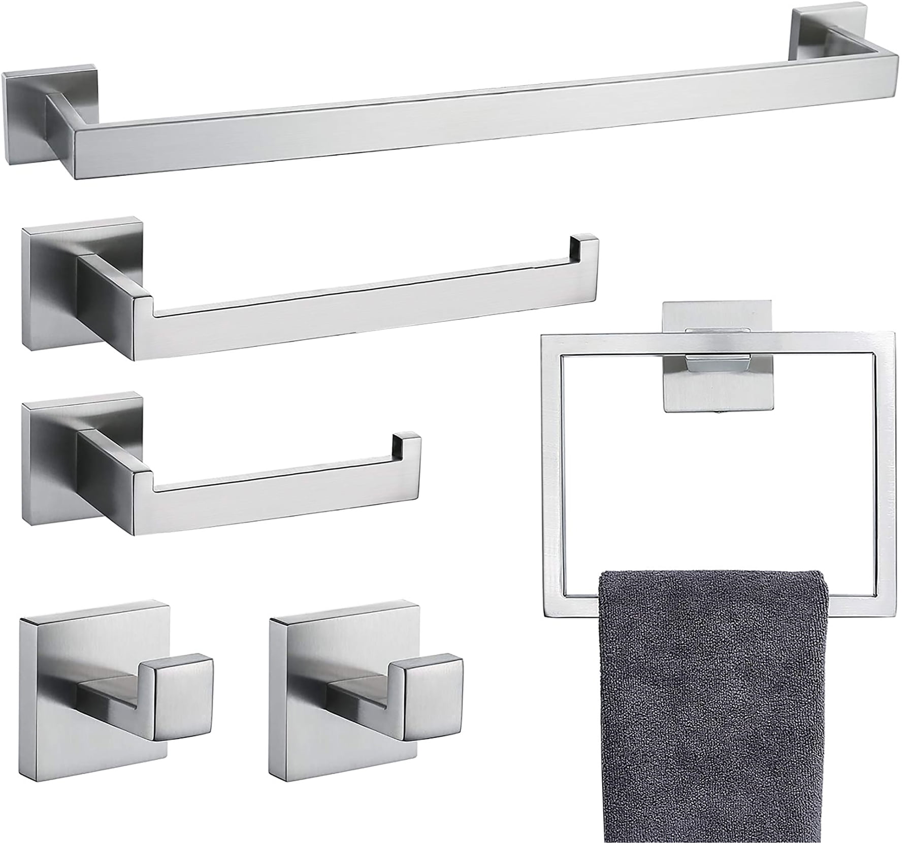 JORUGUNA 6-Piece Bath Hardware Set with Square Towel Ring, Stainless Steel Wall Mounted, Silver ...