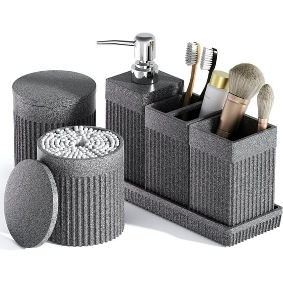 6-Piece Bathroom Set Grey - Stone Textured Resin Bathroom Organizer with Soap Dispenser, Toothbrush Holder, Vanity Tray, Tumbler & Cotton Swab Jars for Small Spaces