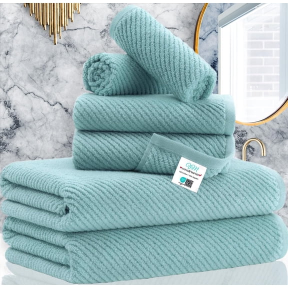 6 Piece Bathroom Towel Set in Aqua Teal 100% Cotton Bath Hand and Washcloth