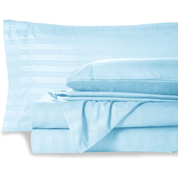 6 Piece Bed Sheet Set - 12 Inch Deep Pocket - 600 Thread Count - 100% Egyptian Cotton - Extra Soft and Luxury - Light Blue Stripe, Cal King Size.
