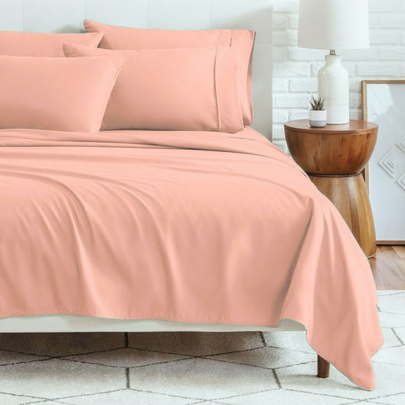 6-Piece Bed Sheet Set – Soft Microfiber | 45cm Deep Pocket Fitted Sheet | Cooling, Wrinkle-Free, All-Season Comfort | Includes 1 Flat Sheet, 1 Fitted Sheet, 4 Pillowcases - Coral - King