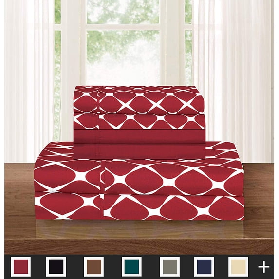 6-Piece Bed Sheet Set Wrinkle Resistant Milano Trellis Pattern King Burgundy
