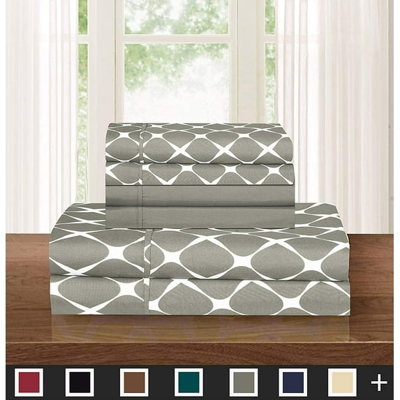 6-Piece Bed Sheet Set Wrinkle Resistant Milano Trellis Pattern King Gray