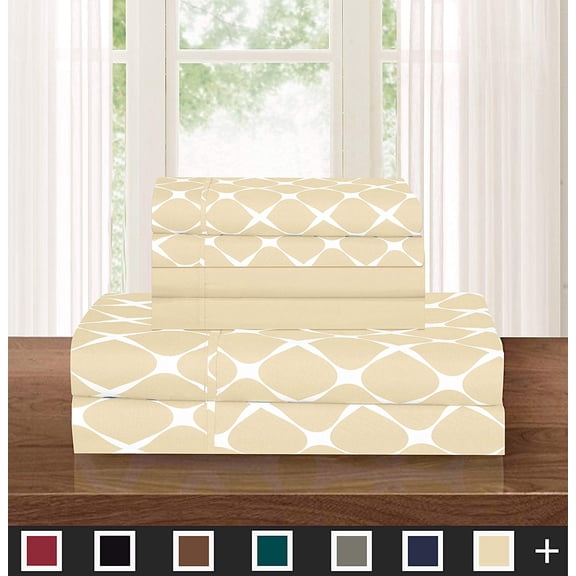 6-Piece Bed Sheet Set Wrinkle Resistant Milano Trellis Pattern Queen Cream