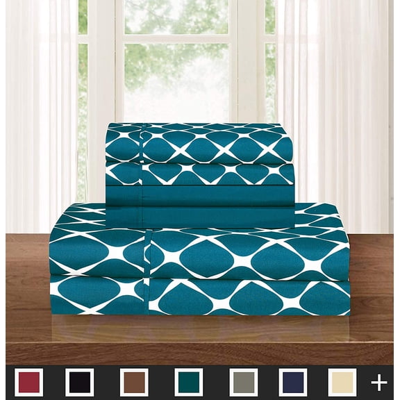 6-Piece Bed Sheet Set Wrinkle Resistant Milano Trellis Pattern Queen Teal