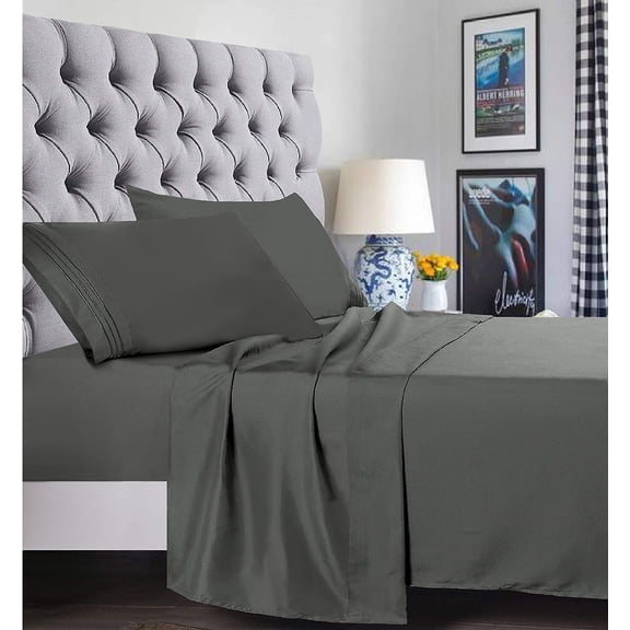 6 Piece Bed Sheets ,Flat Sheet,Fitted and Pillowcase 1800 Series Bed Sheet set- , Queen Grey