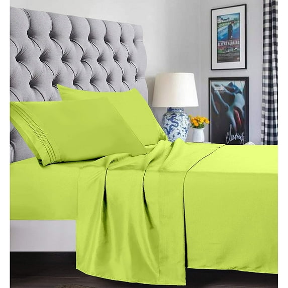 6 Piece Bed Sheets ,Flat Sheet,Fitted and Pillowcase1500 Series Bed Sheet set-King Lime