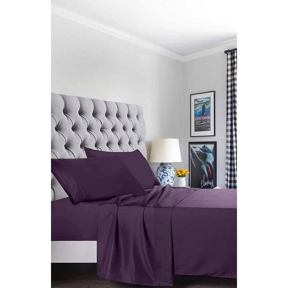 6 Piece Bed Sheets ,Flat Sheet,Fitted and Pillowcase1500 Series Bed Sheet set-King Purple