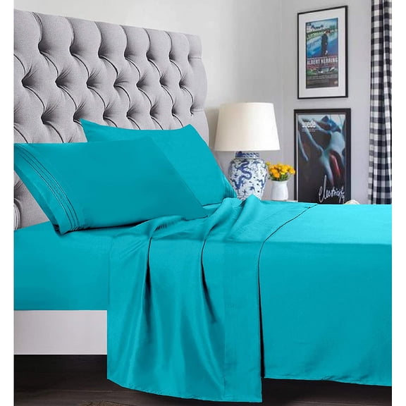 6 Piece Bed Sheets ,Flat Sheet,Fitted and Pillowcase1500 Series Bed Sheet set-King Turquoise
