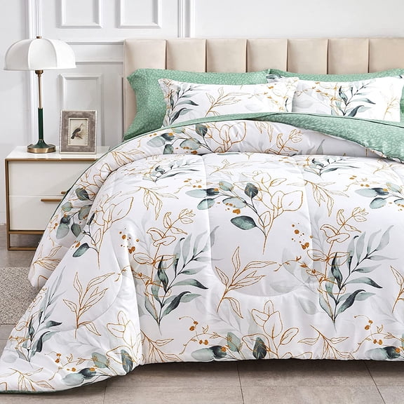 6 Piece Bed in a Bag Twin, Green Leaves Printed on White Botanical Design, Microfiber Comforter Set for All Season