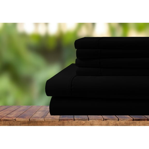 6 Piece Bedding Set, 100% Organic Cotton 600 Thread Count, 12" Deep Pocket - [Queen-XL, Black]